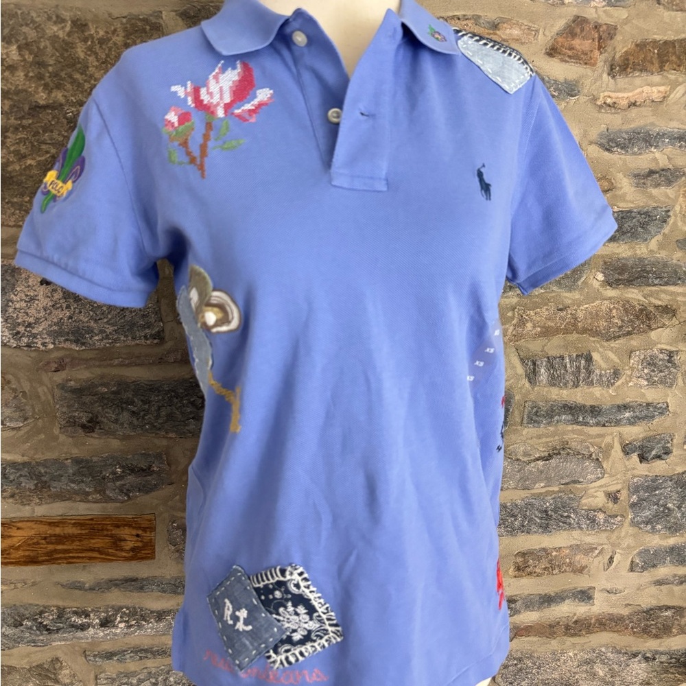 Blue Polo Shirt with Embroidered Floral and Animal Patches